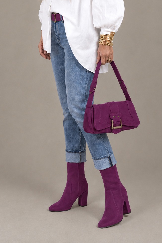 Women's plum purple inside-zip ankle boots with round toe and high block heel - Worn view